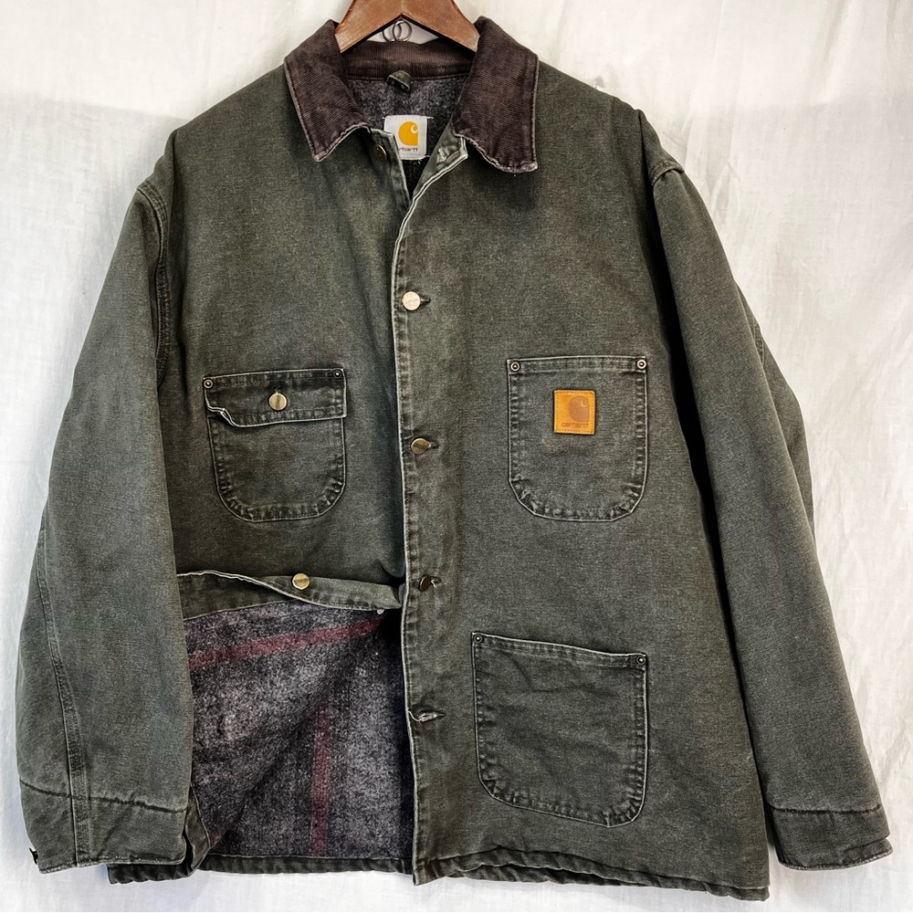 Vintage Carhartt Michigan Chore Coat Blanket Lined Jacket Moss Green Cord Collar